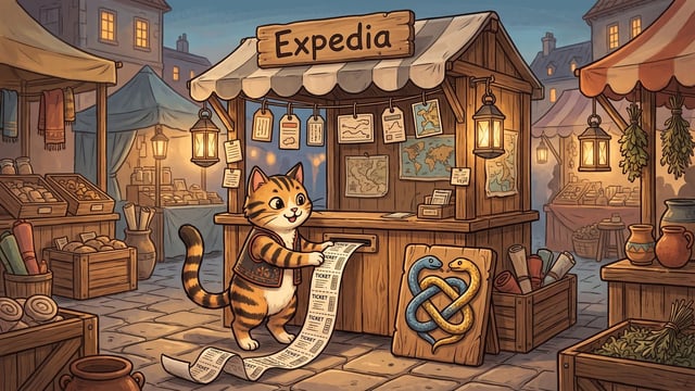 A striped cartoon cat in a waistcoat draws a long strip of printed tickets from a slot in a wooden travel kiosk lettered Expedia at dusk, a plaque of two interlocking blue and yellow snakes propped against the kiosk.