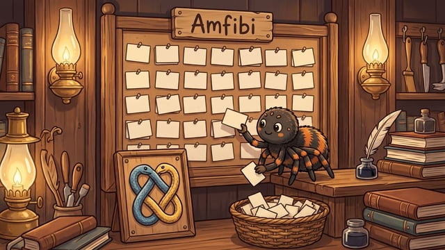 A cartoon spider lifts small business cards off a tall pinboard signed Amfibi and drops them into a woven basket in a lamplit panelled hall, a plaque of two interlocking blue and yellow snakes leaning at the foot of the board.