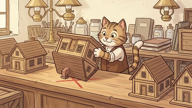 A striped cartoon cat in a waistcoat grips a small wooden model house that stands upside down on its roof over a red chalk cross, turning it back upright, with the rest of the model houses standing the right way up along the counter.