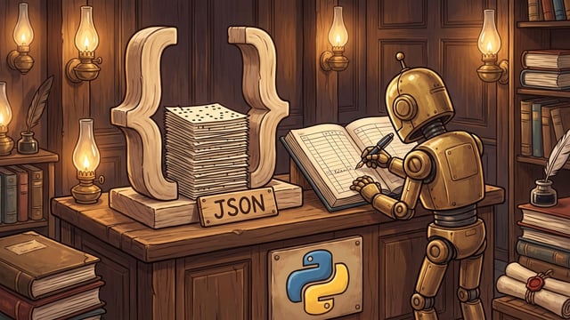 A brass robot writes into an open ledger with a pen beside a pair of large wooden curly braces holding punched slips between them, a plaque lettered JSON at their base and a plaque of two interlocking blue and yellow snakes on the counter.