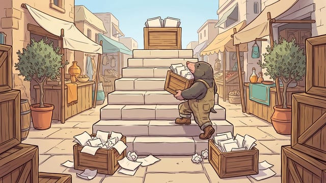 A mole in canvas overalls carries a crate of papers up a flight of eight stone steps in a sunlit market square, crates of crumpled loose papers spilling at the foot of the steps and a crate of neatly squared documents standing at the top.