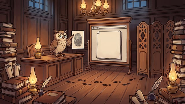 An owl in round spectacles holds up a white card carrying a large inked thumbprint beside a wooden browser-window prop, with a line of inked footprints running across the floorboards toward a folding wooden screen.