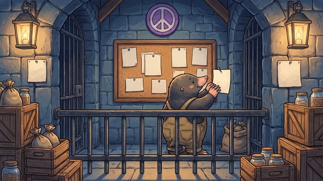 A mole in canvas overalls stands behind a barred iron railing pinning a paper notice to the stone wall beside a cork board already hung with notices, beneath a purple disc bearing a white peace symbol.