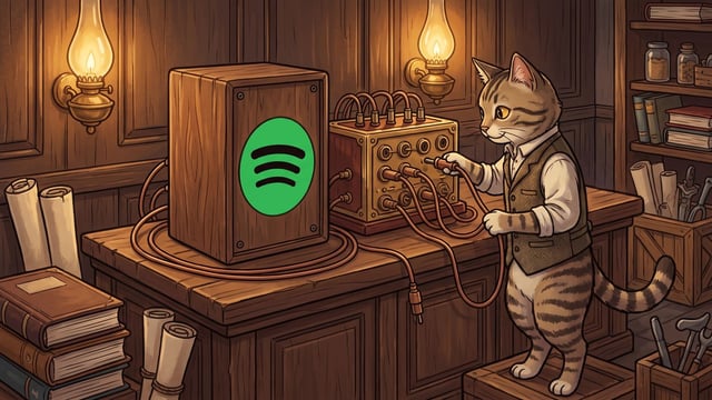 A striped cartoon cat in a waistcoat pushes a cord's plug into a socket on a brass and mahogany junction box, copper cords running from it to a wooden speaker cabinet carrying a green circle with three curved black bars.