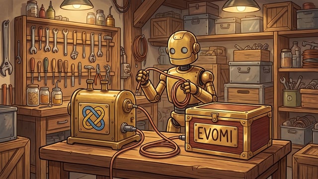 A golden robot stands at a wooden workbench inside a workshop, connecting an orange cable between a brass machine displaying a blue and yellow Python mark and a wooden chest bearing a brass plaque labeled "EVOMI".