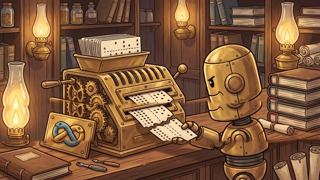 A small golden brass robot pulls a torn strip of punched paper tape from an antique mechanical calculating machine featuring a blue and yellow intertwined snake emblem on its side, inside a library filled with bookshelves, scrolls, and glowing oil lamps.