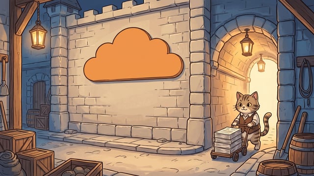A tabby cat in a vest pushes a four-wheeled wooden cart filled with a stack of white papers through a bright stone archway, beside a large orange cloud symbol mounted on a castle wall illuminated by hanging lanterns.