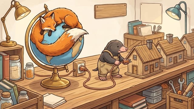 An orange fox with a white-tipped tail lies curled around a desk globe on a wooden workbench beside a mole in tan overalls who plugs an electrical cord running from an outlet into one of three miniature wooden houses.