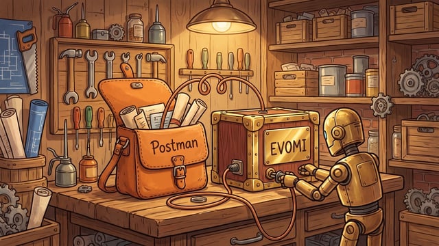 A golden robot connects a looped cable into a wooden box labeled "EVOMI" on a workbench beside an open leather satchel labeled "Postman" filled with rolled documents, surrounded by wall-mounted tools, oil cans, blueprints, and gears.