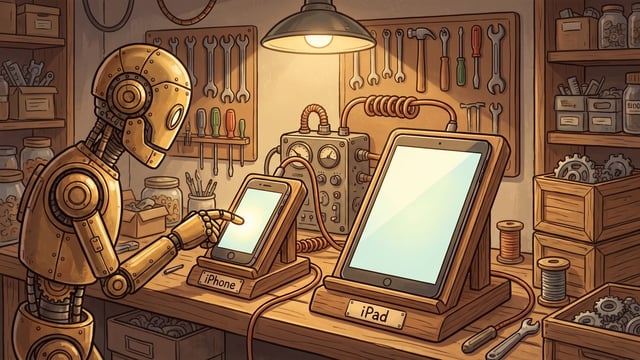 A brass robot stands at a wooden workbench under a glowing hanging lamp, extending its index finger to touch the screen of a device resting on a wooden stand labeled "iPhone", next to a tablet sitting on a stand labeled "iPad".