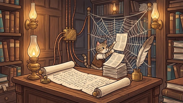 A tabby cat wearing a brown vest stands behind a wooden desk in a book-lined study, attaching sheets of paper to a large spiderweb stretched between posts beside copper piping, surrounded by glowing oil lamps, rolled scrolls, and a quill.
