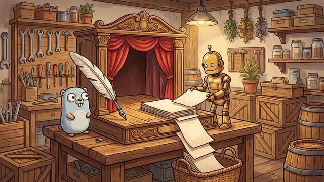 A light blue gopher and a small golden robot stand at a wooden workbench inside a rustic workshop, where the robot collects a long stack of paper sheets cascading from a miniature puppet stage with red curtains into a woven basket near a large feather quill.