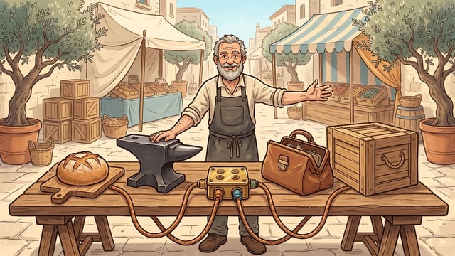 An elderly, bearded man in an apron stands behind a wooden market table with his arms open, presenting an assortment of items including a loaf of bread, a heavy metal anvil, a small electronic box with connected cables, an open leather bag, and a wooden crate, set against an outdoor marketplace with canvas stalls and potted olive trees.