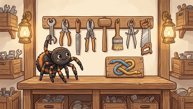 A cartoon spider stands on a wooden workbench in a workshop, reaching up to choose a wrench from a wall rack holding eight tools above a wooden plaque featuring an intertwined blue and yellow Python mark.