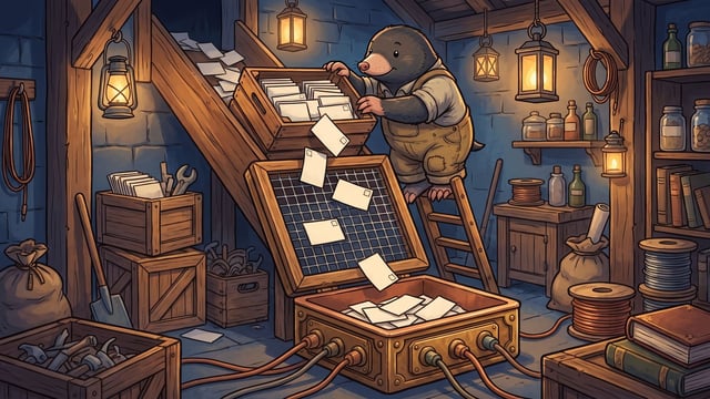 A mole wearing overalls stands on a small wooden ladder in a workshop, pouring white cards from a wooden box down a chute fitted with a wire mesh filter, where they fall into a lower box connected to multiple cables running across the stone floor.