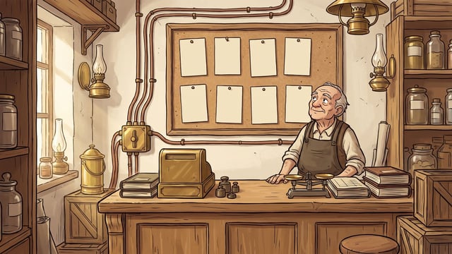 An elderly shopkeeper wearing an apron stands behind a wooden counter featuring a brass cash register and balance scale, looking up toward a corkboard displaying eight blank white papers pinned in two rows, flanked by copper pipes and a wall switch box.