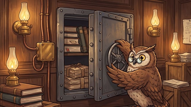 An owl wearing round eyeglasses grips the circular wheel handle of a large open metal safe built into a wood-paneled wall, where shelves inside hold stacks of bound paper documents and books, all illuminated by glowing oil lamps in a room filled with extra stacks of books.