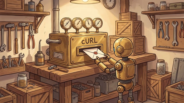 A small golden robot stands at a wooden workbench and inserts a sealed envelope into a slot on a brass machine labeled "CURL", which is topped with four circular dial gauges inside a rustic workshop filled with tools, wooden crates, and shelves.