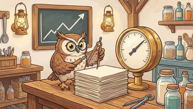 An owl wearing round glasses stands at a wooden desk using a pair of drafting compasses to measure a thick stack of paper, positioned next to a large brass circular gauge and a framed wall chart showing an upward-trending line graph with an arrow.