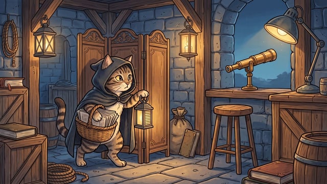A tabby cat wearing a dark hooded cloak walks through a stone room at night, carrying a woven basket filled with papers under one arm and holding a small glowing lantern in its paw past a wooden stool, folding screen, and a brass telescope beside a window.