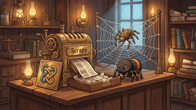 A cartoon spider reaches toward a paper tray on a wooden desk next to a brass machine labeled "Scrapy" that prints documents, positioned beside a plaque featuring a blue and yellow Python snake mark while a mechanical spider hangs on a cobweb frame in a room filled with bookshelves and lit oil lamps.