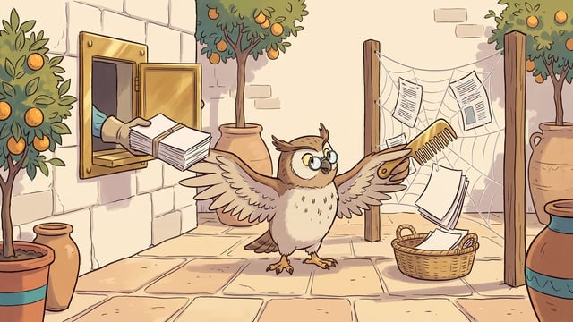 An owl wearing round eyeglasses stands in a stone courtyard with outstretched wings between a brass hatch where a gloved hand offers a neatly tied stack of papers and a web between two wooden posts holding caught papers, while holding a golden comb near the web as loose sheets fall into a basket.