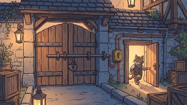 An anthropomorphic tabby cat wearing a vest steps out of a small, brightly lit doorway in a stone building, passing next to a large set of wooden double doors securely shut with a heavy metal bar and padlock.