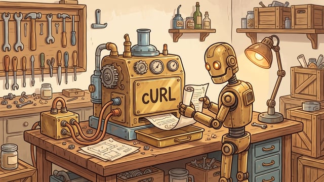A golden robot stands at a wooden workbench inside a workshop holding a printed paper sheet just clear of the delivery tray of a brass machine lettered cURL, with a smaller brass junction box on the left of the bench joined to the machine by two copper pipes and a lit desk lamp on the right.