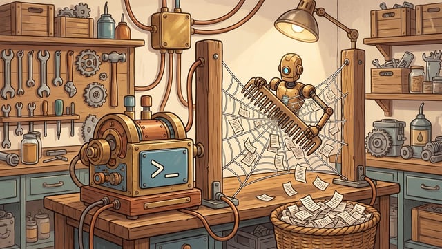 A bronze robot stands behind a web strung between two wooden posts on a workbench, using a wooden rake to comb paper sheets out of the webbing into a woven basket below, while connected by copper cables to a machine with a screen displaying the symbol >-.