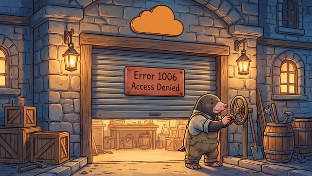 A mole wearing overalls turns a metal wheel crank beside a partially open metal shutter door on a stone building, revealing an illuminated workshop inside, beneath an orange cloud shape above the entrance and a red sign reading "Error 1006 Access Denied" mounted on the shutter.