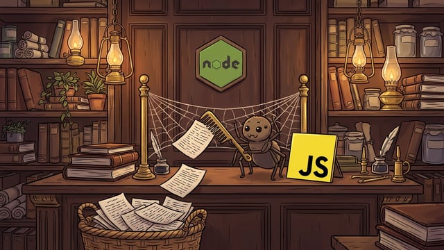 A cartoon spider sits at a wooden desk, holding a golden comb to scrape a sheet of paper off a cobweb strung between two brass posts, beside a yellow square sign displaying "JS" and below a green hexagonal logo reading "node".