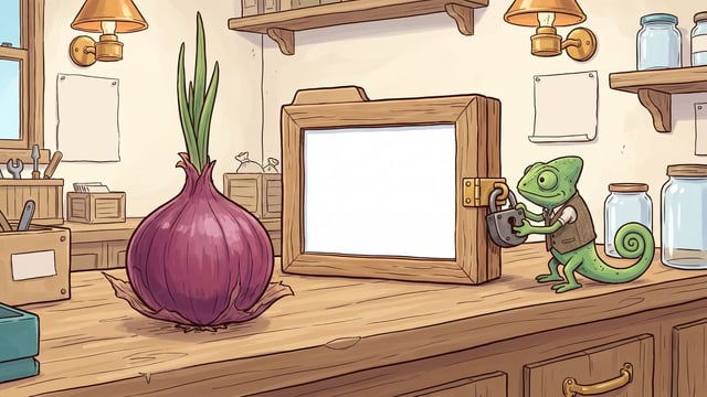 A large red onion with green sprouts stands on a wooden counter next to a blank white screen enclosed in a wooden folder-shaped frame, while a small green chameleon wearing a vest places a padlock onto a latch attached to the frame.