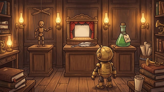 A small golden robot stands in a wood-paneled room facing three displays arranged side by side, including a wooden marionette puppet suspended by strings, a miniature theater stage with red curtains and a feather quill, and a green glass flask bearing a tag labeled "Se".