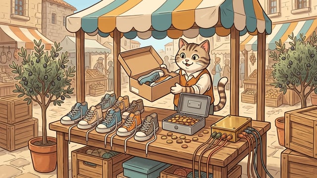 A smiling anthropomorphic cat stands behind a wooden market stall under a striped awning, holding open a shoe box containing sneakers next to several displayed high-top shoes, an open cash box filled with gold coins, and a small electronic device with multiple connected relay cables.