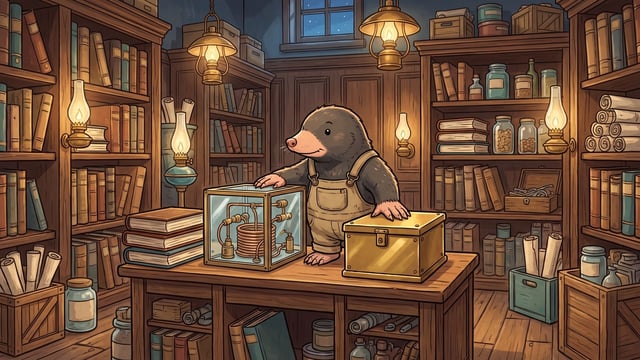 An anthropomorphic mole wearing beige overalls stands behind a wooden desk in a room filled with bookshelves, resting one hand atop a transparent glass box containing a coiled mechanical device and the other hand on an opaque golden chest.