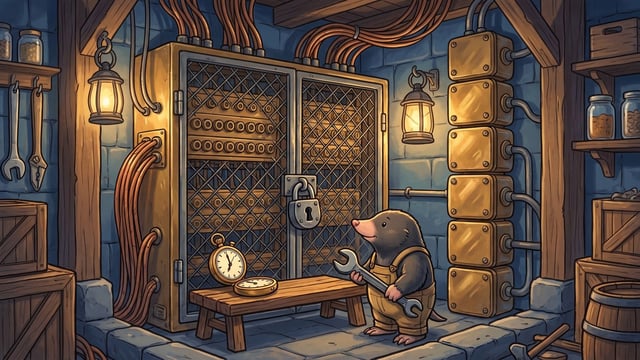A mole wearing overalls stands in a stone room holding a wrench, looking at a large wire mesh cabinet secured with a padlock, next to a wooden bench displaying two pocket watches and a vertical stack of six brass boxes on the wall.