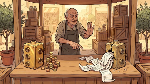 An elderly man wearing an apron stands behind a wooden market counter, pointing down at a shiny gold box and neat stacks of coins on the left, while holding up a palm in a stop gesture toward a broken box spilling paper scrolls on the right.