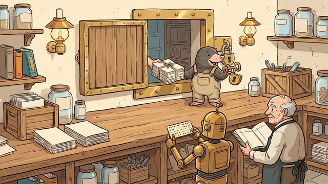 A mole in overalls stands on a wooden counter holding a golden key, receiving a tied stack of papers from a hand reaching through an open wooden hatch, while a small brass robot holding a punch card and an elderly man holding an open book stand below at the counter in a workshop filled with shelves and jars.