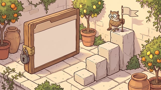 A large wooden browser-style frame locked with a metal padlock stands on a stone patio beside four ascending stone blocks, where an owl wearing round eyeglasses holds a blank flag atop the tallest pillar surrounded by potted citrus trees.