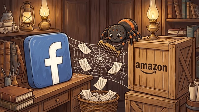 A cute cartoon spider holding a wooden comb sits atop a wooden crate printed with the "amazon" logo, scraping a spiderweb stretched between the crate and a large blue Facebook "f" icon where small printed pages hang, collecting them into a basket below.