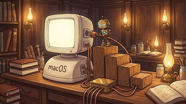 A small robot stands on top of four wooden steps on a desk and plugs a cable into the side of a vintage computer monitor labeled "macOS", which is connected by multiple cables to a small metal box amidst open books and glowing oil lamps.