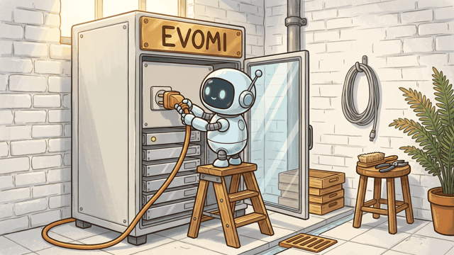 A small round robot standing on a wooden step stool to push a plug into a socket inside an open white server cabinet, a brass plate above the door hand-lettered EVOMI, in a whitewashed brick room.
