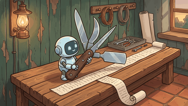 A small round robot standing at a workbench holding up a large folding knife with four blades open, over a long paper strip covered in fine ink marks that spills off the bench, with a lit brass lamp and coils of cord on the green boarded wall behind and a tray of tools at the right.