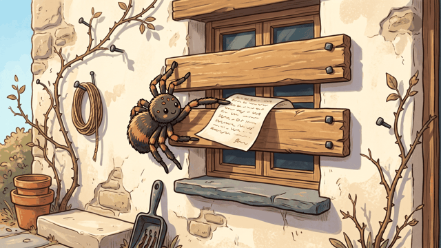 A large cartoon spider on rough timber boards nailed across a shuttered window in a cream stone wall, drawing out from behind them a paper sheet covered in fine ink marks, with a coil of rope hanging on the wall, bare twigs and terracotta pots below.