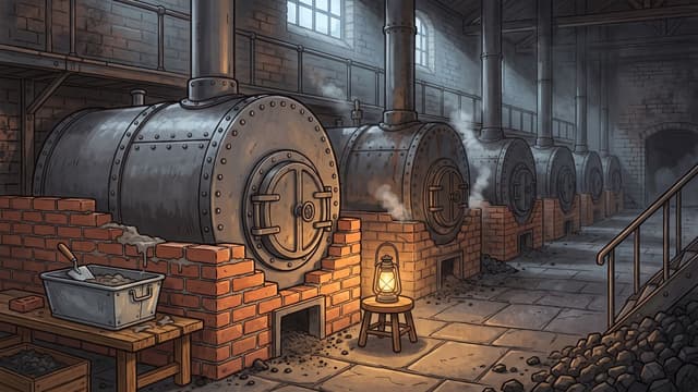A row of big riveted iron boilers standing one behind another down a dim sooty engine house, the nearest one new and unpainted with the brick setting around it only half built up, a bricklayer’s trowel and a zinc tub of mortar on a timber bench beside it, a lit lantern on a small wooden stool on the flagstones, a heap of coal at the right and cold daylight from high windows.