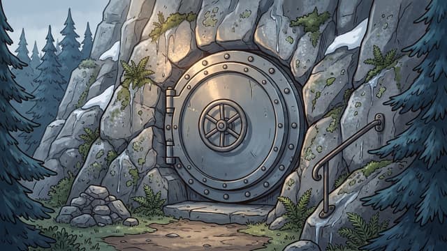 A large round steel vault door set flush into a grey rock face in a mountainside, its rim studded with bolts and a spoked wheel at its centre, a flat stone step in front of it and an iron handrail running up the rock at the right, with moss, ferns and patches of snow on the rock and dark firs on either side.