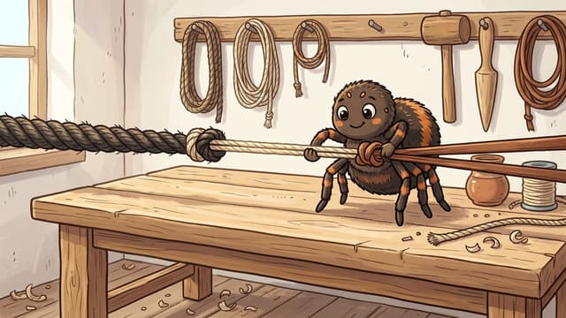 A brown spider standing on a scrubbed pale pine workbench hauling a knot tight in a single line made of three different materials joined end to end, thick dark tarred rope on the left, fine cream twine in the middle and a flat brown leather lace on the right, the line drawn taut straight across the frame above the bench, with coils of rope, a mallet and tools hanging on a rail on the limewashed wall behind and shavings on the floor.
