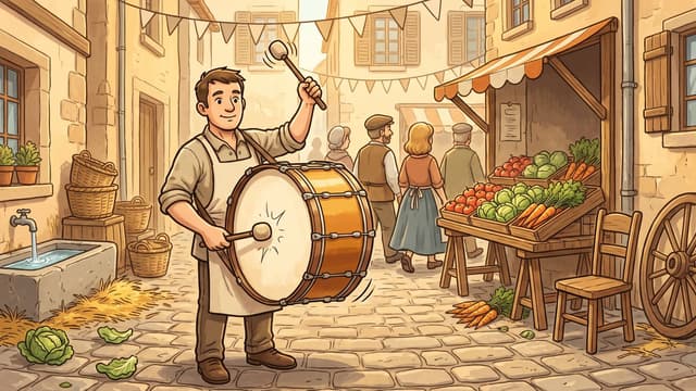 A shopkeeper in a canvas apron standing in a cobbled market square beating a big bass drum slung at his waist, a mallet in each hand, with a market stall of vegetables in wooden crates under a striped awning at the right, bunting strung across the lane, townspeople walking away up the street, a stone water trough at the left and a cartwheel leaning against the wall.