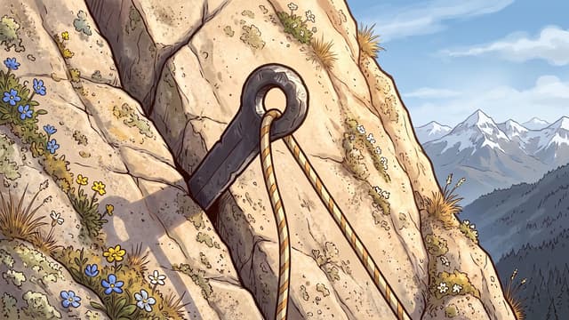 A heavy dark iron ring bolt driven into a slab of pale granite on a mountainside, two lengths of pale twisted rope threaded through its eye and running down out of the frame, with alpine flowers in blue, yellow and white in the turf at the left, tufts of dry grass in the cracks and snow-covered peaks and dark forest in the distance at the right.