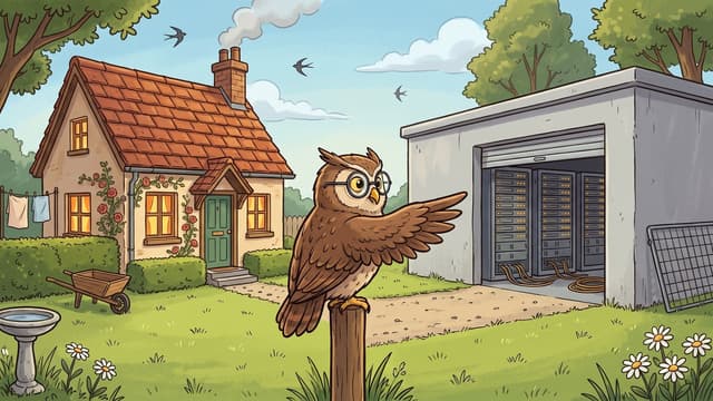 A brown owl in round spectacles perched on a wooden fence post between two buildings, its face turned to the small tiled cottage with lit windows, roses and a washing line on the left and one wing held out towards the long grey windowless building on the right, whose open roller door shows tall server racks with rows of small lights, on a mown lawn with daisies, a stone birdbath and a wheelbarrow under a blue sky with swallows.
